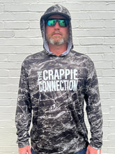Load image into Gallery viewer, Hooded long sleeve fishing shirt in black Mossy Oak Elements XT