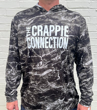Load image into Gallery viewer, Hooded long sleeve fishing shirt in black Mossy Oak Elements XT