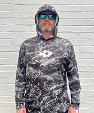 Load image into Gallery viewer, Hooded long sleeve fishing shirt in black Mossy Oak Elements XT