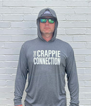 Load image into Gallery viewer, Crappie Connection - Hooded long sleeve fishing shirt in heathered black