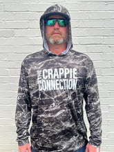 Load image into Gallery viewer, Hooded long sleeve fishing shirt in black Mossy Oak Elements XT
