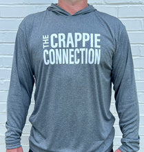 Load image into Gallery viewer, Crappie Connection - Hooded long sleeve fishing shirt in heathered black
