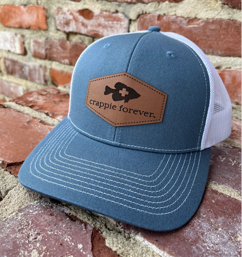 Slate Blue and White Trucker Hat with Leather Patch Logo