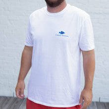 Load image into Gallery viewer, White t-shirt with blue and red logo on front left chest.
