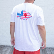 Load image into Gallery viewer, White t-shirt with red, white and blue &quot;flag&quot; Crappie Forever fish. 
